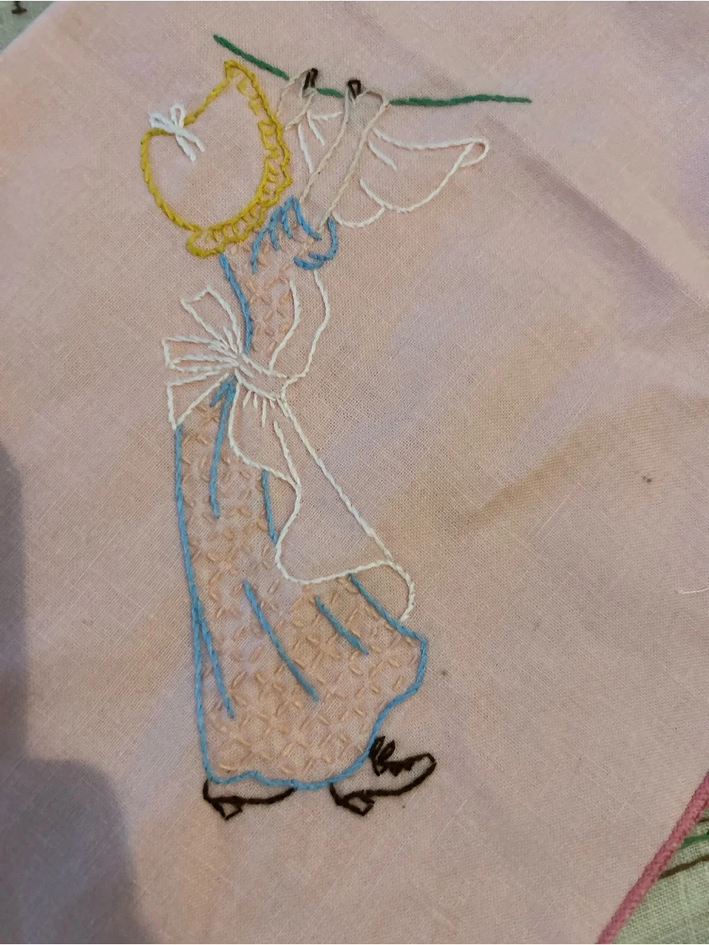 Vintage Embroidered Pink Lady Figural Tea Towel large size 16.5 x 17